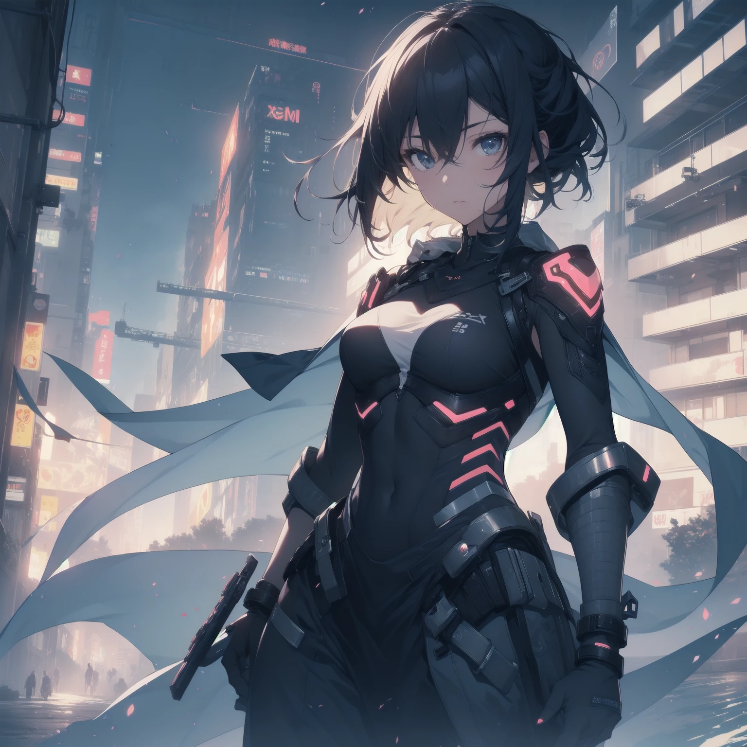 ultra-absurdres-Top quality by artist God, ultra-detailed, high resolution, anime moe artstyle, best anime 8k konachan wallpaper, pixiv contest winner, pool:2810, perfect anatomy,break, 1girl, (Please draw a girl dynamic action on skyscraper alone. )break,(Solo,little female, 16-year-old:1.3),Full limbs, complete fingers, cyberpunk, (very short hair), pixie cut, medium breasts, beautiful (well-shaped) breasts, groin, butt, small black eyes, beautiful detailed eyes, well-proportioned iris and pupils, expressive eyes, highres detailed hair, expressionless, (bodysuit, plugsuit), (Detailed Lighting), (Detailed background), in the cityscape. break,super detailed skin, Best sexual lighting powered by famous artist, 8k,beauty illustration,photoshop_(medium),very aesthetic,break,((artist:izumi_tsubasu )), artist:clamp ,artist:carnelian ,artist:kantoku ,