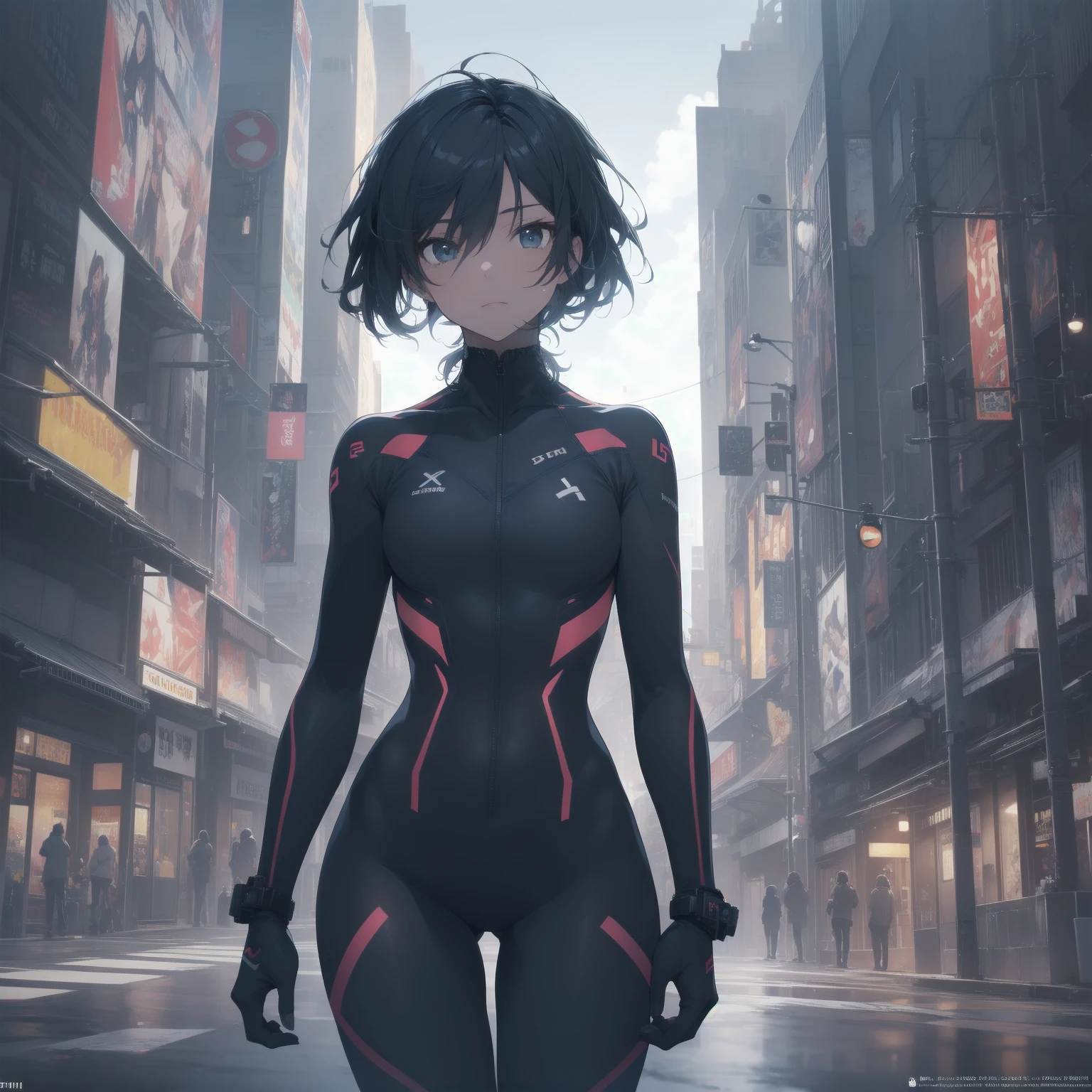 (Extremely detailed CG unity 8k wallpaper), (Extremely detailed), masterpiece, best quality, Japan, 《The City of the Killing》, Megumi Kishimoto, Solitary, short hair, medium breast, Cyberpunk black combat tights, looking at the audience, Thigh gap