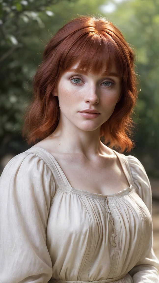 hyper photorealistic, ethereal beauty a cute peasant woman, face identical to Bryce Dallas Howard, small European village, (42 years), youthful, soft contoured, sweet sweet soft gentle smile, (detailed face and eyeull body portrait, (extremely sexy), Masterpiece, pleasure, massive breasts, Full figured woman, full body, expression enjoyment, idyllic aura, medieval environment, cinematic lighting, reddish smooth hair, blunt bangs, fine facial traits, fleshy-slim physique, (depth of field), ultra detailed, cinematic