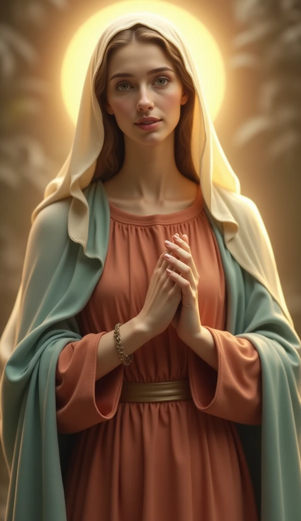 Very beautiful Virgin Mary, looking at the camera, Expression in love, Halo, A very slight smile, Reddish beige tunic with light blue cloak and veil