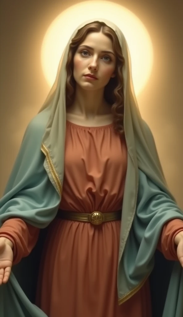 Staring at the camera with moist eyes、A beautiful Virgin Mary with a loving expression, Halo, Reddish beige tunic, Blue cloak and veil