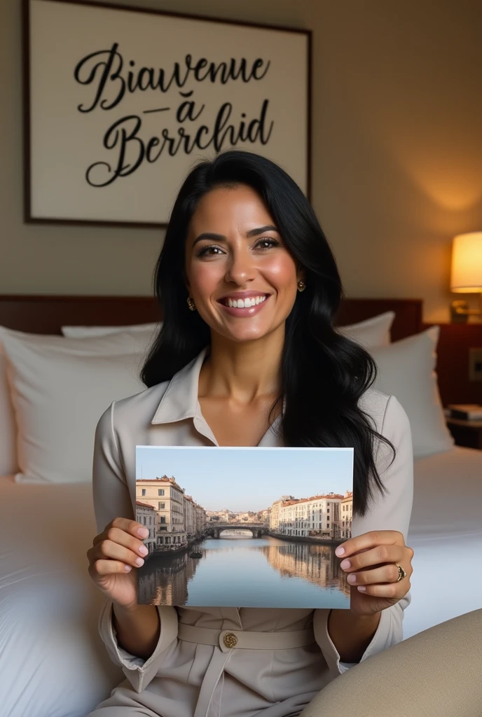 Une femme brune. Les cheveux raides, écartés ou assez écartés du cou, pas longs, de couleurs noirs. Une femme un peu volumineuse par sa forme physique. Assise dans une grande chambre d'hôtel, sur un lit de l'hôtel, souriante, la tête droite, le regard droit fixé vers l'avant, portant dans ses mains une grande photo qu'elle montre bien vers l'avant de sorte que la photo qu'elle montre soit un peu décollée de sa poitrine et derrière elle, accroché sur le mur, un tableau avec 2 écritures sur le tableau. L'une qui dit en langue arabe : Bienvenue à Berrechid et la deuxième en langue française qui dit : Bienvenue à Berrechid.