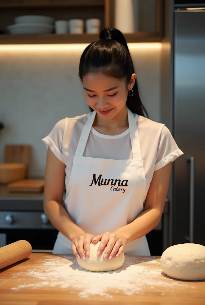 A 25-year-old Asian woman is making dough for bread., wearing an apron with the inscription "Manna Cakery" with a background of a modern oven and other bakery equipment. Photography ,16k ,hyperrealistic