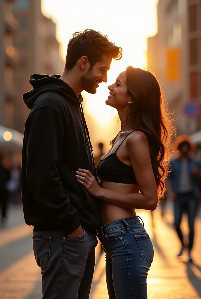 (photorealism:1.2), a couple mate, boy and girl, the girl wearing a crop top and long jeans, the boy wearing black hoodie, the boy touches her belly button