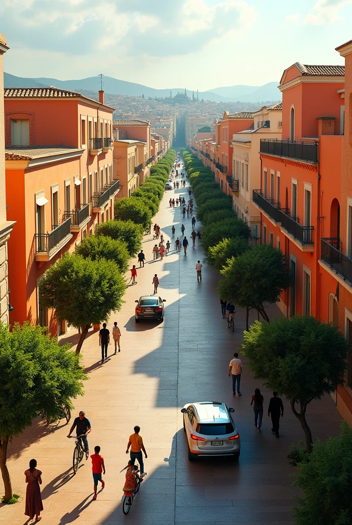 A beautiful city looking like italian,cities,like roma (asmara,eritrea) with broad roads and walking people,Kids playing around in the streets,and few bicycles along with the modern cars like in 2030
Show wide range image and get rid of the electric lines wth wide roads and good lighting photo taken from the above showing the beatiful,buildings