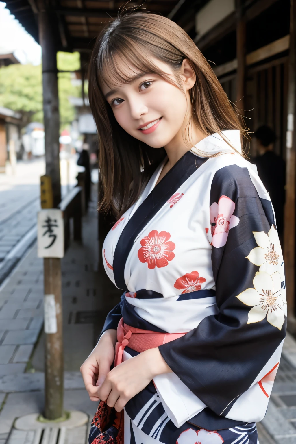 Highest quality、超A high resolution、(Photorealistic:1.5)、1 girl、(Brown Hair:1.2)、(Big Breasts:1.2)、Whole Body Ezbian、smile、Bad Eyes、(Girl in yukata with hair swaying in the wind :1.3)、Perfect dynamic composition, Beautiful attention to detail, Medium Hair, Natural color lip, smile, Kyoto Street Walk、20-year-old girl, Beautiful woman, Japanese patterned yukata