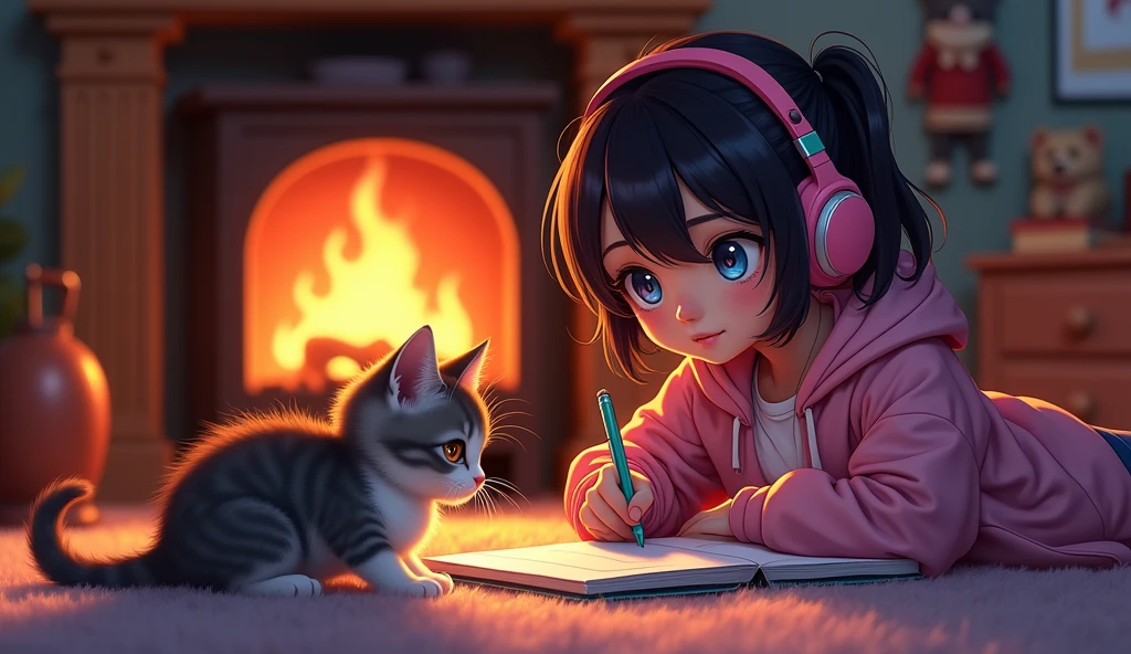 A beautiful young e-girl, wearing headphones and stylish clothing in pink and black, is writing in a notebook. The scene is set in a cozy room with a warm, crackling fireplace. A curious kitten with one eye of each color is sitting nearby, watching intently as she writes. The image should be of high quality, a work of art, and highly detailed, with a 16:9 aspect ratio.