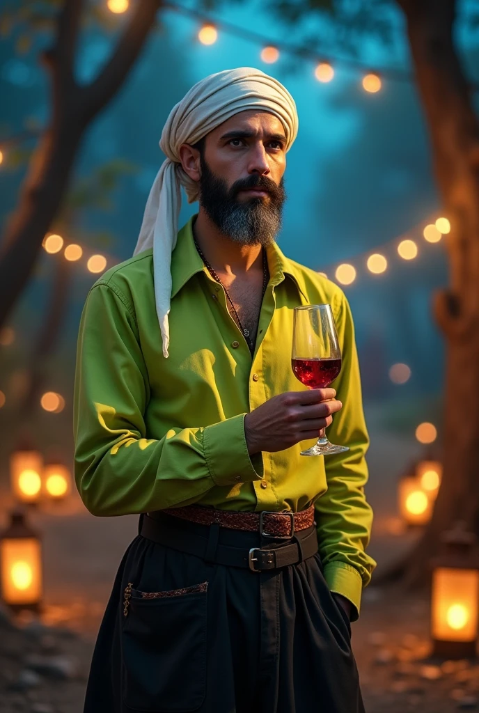 Gypsy with a plain white scarf on his head
Lime green shirt
Small gray beard
Black pants
Holding a glass of wine