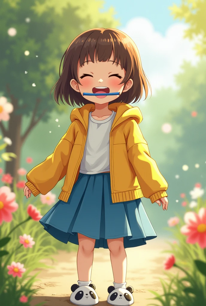 A girl with short brown hair, wearing a yellow jacket with a white shirt, blue skirt, panda slippers and a blue band in her mouth 