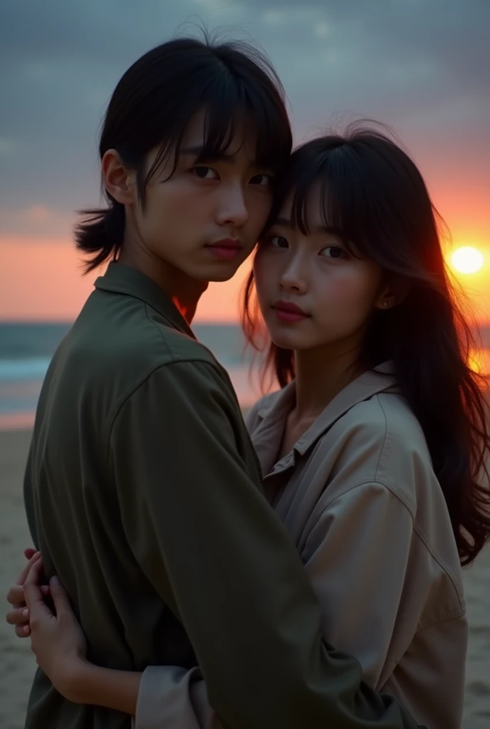 A stunning photograph of korean man had a shoulder length hair tied up and Leaving bangs, he is hugging with young woman. Warm beach setup wonderful night. they both seeing to camera, shoted dimmed light with 150mm lens, perfect ratio photo