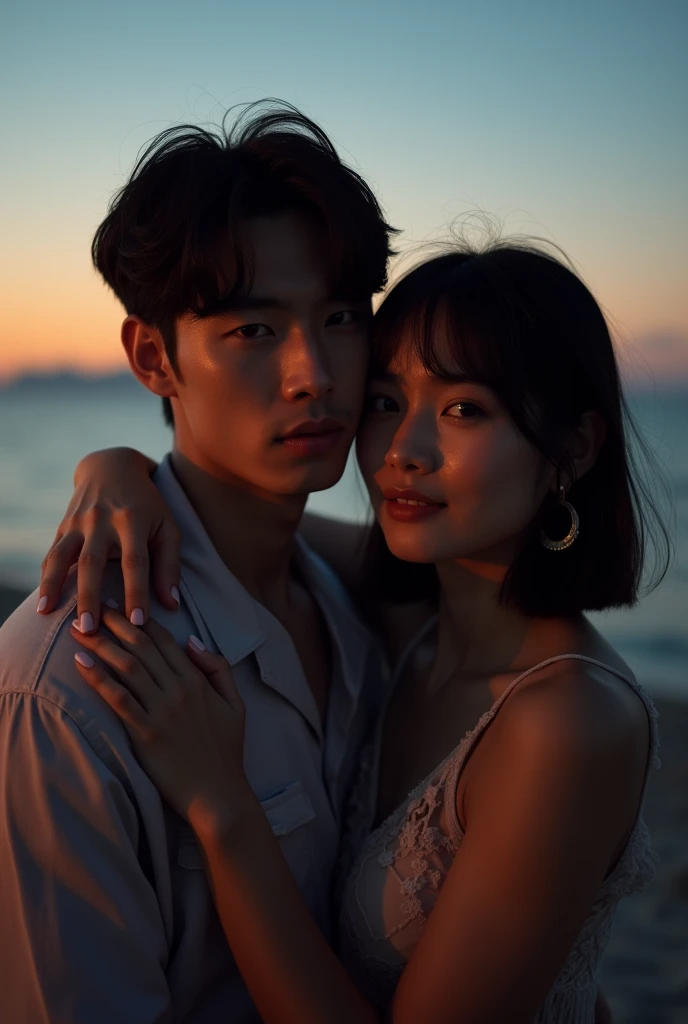 A stunning photograph of korean man had a shoulder length hair tied up and Leaving bangs, he is hugging with young woman. Warm beach setup wonderful night. they both seeing to camera, shoted dimmed light with 150mm lens, perfect ratio photo