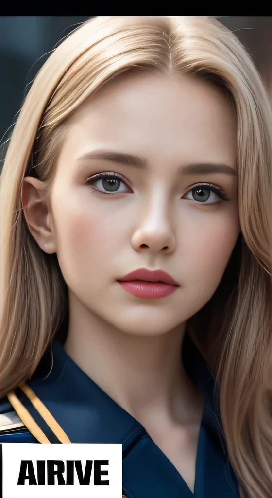 realistic,polite dress,(Fighter Action War Movie Poster),(foundation film reference: 1.8),realistic,Air Force general uniform,(realistic face resolution),movie pose,adult,skinny,big,one long-haired dark blonde woman,serious face,SF,SF,Various support characters