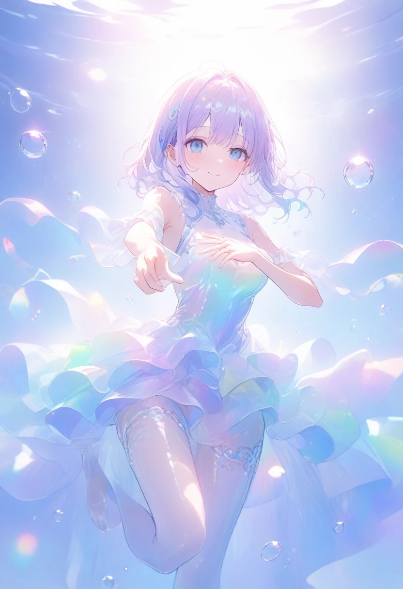 (Super detailed, 8K, best quality, ultra detailed, masterpiece), underwater, A lot of bubbles, Paleblue-blue gradient coloed water, nice, bright, Light shines through the water, Beautiful and mysterious lady with a sweet smile, holding thighs,  pointing right toe up, Lying and drifting of underwater, The girl is tall and medium bust,sparkling dark blue eyes, Her long rainbow-colored hime-cut hair is flowing, a dress made of many layers of fabric, shiny glossy iridescent clothes, shiny reflective clothes, pastel, lens Flare, soft gradient　