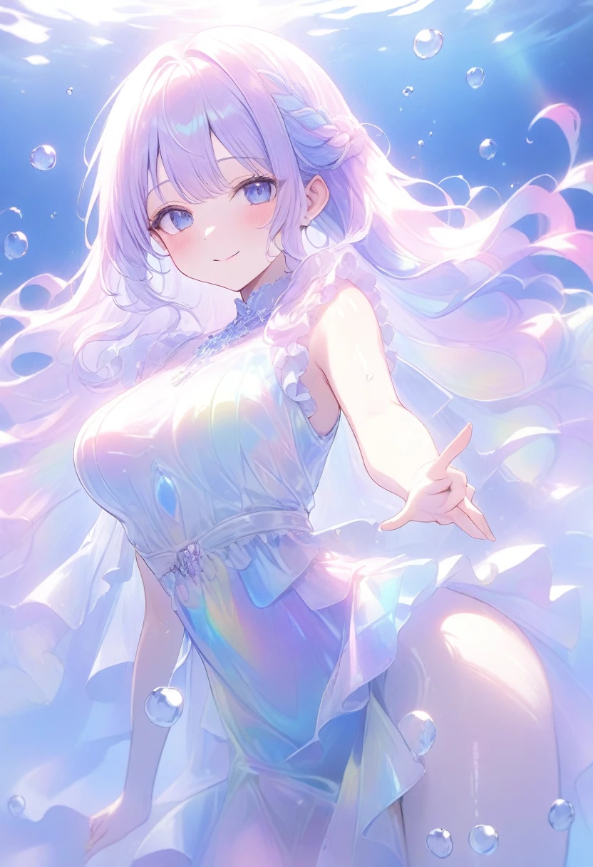 (Super detailed, 8K, best quality, ultra detailed, masterpiece), underwater, A lot of bubbles, Paleblue-blue gradient coloed water, nice, bright, Light shines through the water, Beautiful and mysterious lady with a sweet smile, holding thighs,  pointing right toe up, Lying and drifting of underwater, The girl is tall and medium bust,sparkling dark blue eyes, Her long rainbow-colored hime-cut hair is flowing, a dress made of many layers of fabric, shiny glossy iridescent clothes, shiny reflective clothes, pastel, lens Flare, soft gradient　