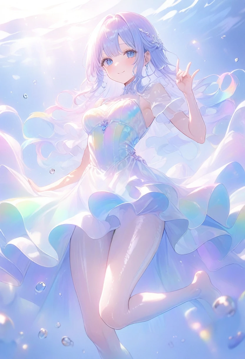 (Super detailed, 8K, best quality, ultra detailed, masterpiece), underwater, A lot of bubbles, Paleblue-blue gradient coloed water, nice, bright, Light shines through the water, Beautiful and mysterious lady with a sweet smile, holding thighs,  pointing right toe up, Lying and drifting of underwater, The girl is tall and medium bust,sparkling dark blue eyes, Her long rainbow-colored hime-cut hair is flowing, a dress made of many layers of fabric, shiny glossy iridescent clothes, shiny reflective clothes, pastel, lens Flare, soft gradient　