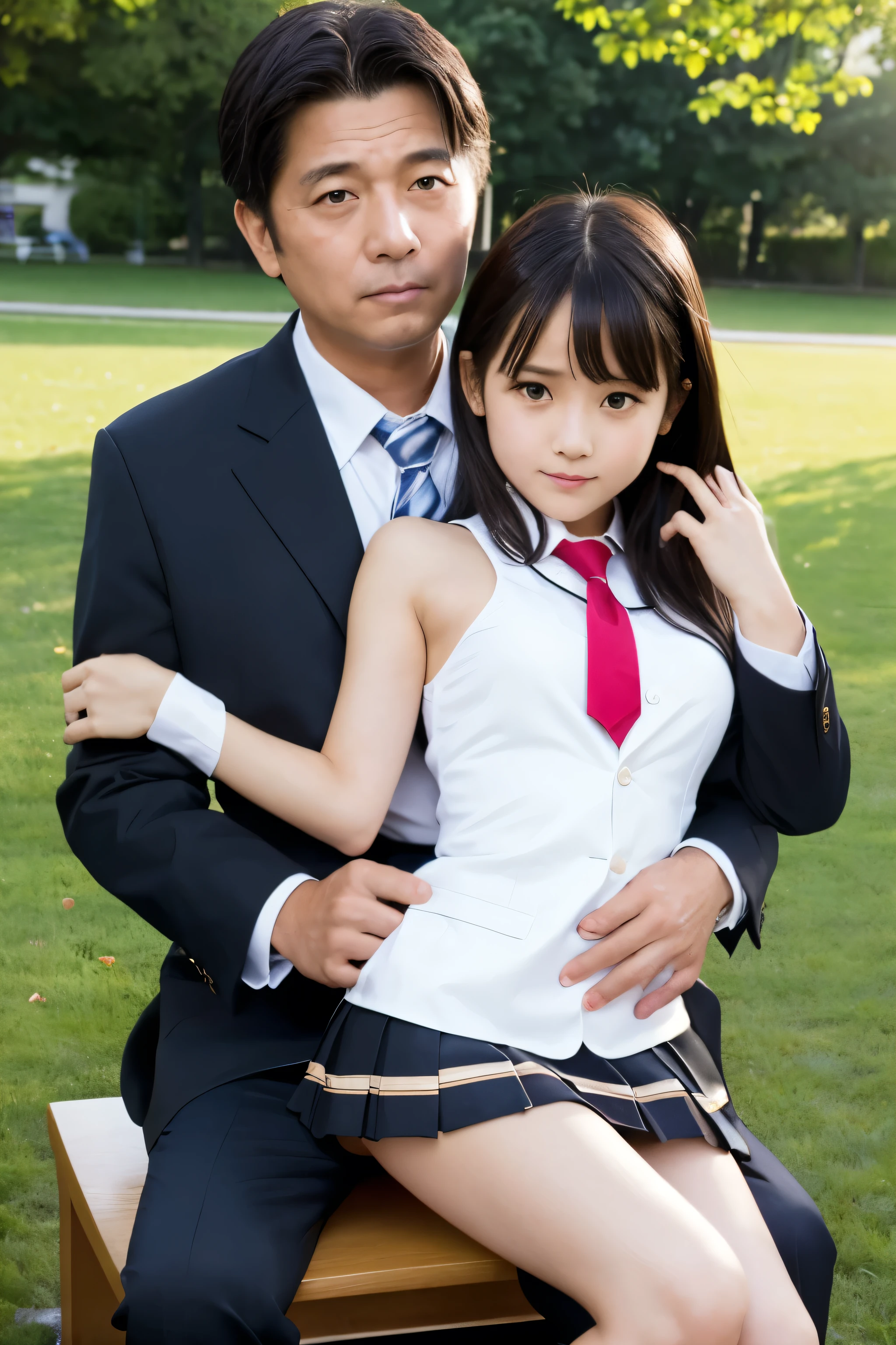 
 highest quallity、4K quality、Middle aged man sitting on a chair in the park、Tutor for men and women、A beautiful 10 year old Japanese girl, with marching band uniform and miniskirt, a man is riding in a park、a man puts his hand inside a woman:1.3、the woman is thin、 (touching breasts, touching breasts, Embrace your chest, bite shoulder, sex:1.2), a girl, bangss, Bblack hair, eyes browns, Worried eyes,