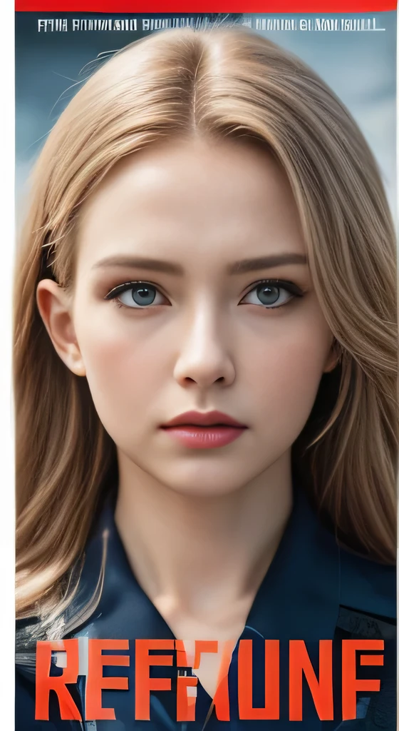 realistic,polite dress,(Fighter Action War Movie Poster),(foundation film reference: 1.8),realistic,Air Force general uniform,(realistic face resolution),movie pose,adult,skinny,big,one long-haired dark blonde woman,serious face,SF,SF,Various support characters