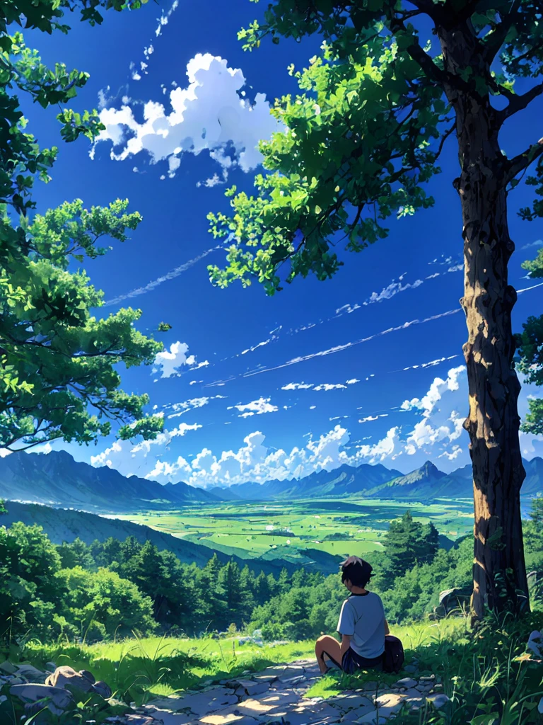 Vibrant, animated scene featuring a young person sitting on a grassy hillside under a large tree. The individual has short, dark hair and is wearing a white t-shirt and dark shorts, with white sneakers. The background showcases a lush, green landscape with rolling hills, scattered rocks, and distant mountains under a bright blue sky filled with fluffy white clouds. The overall style is reminiscent of Japanese anime, with detailed and colorful artwork that captures a serene and peaceful atmosphere.