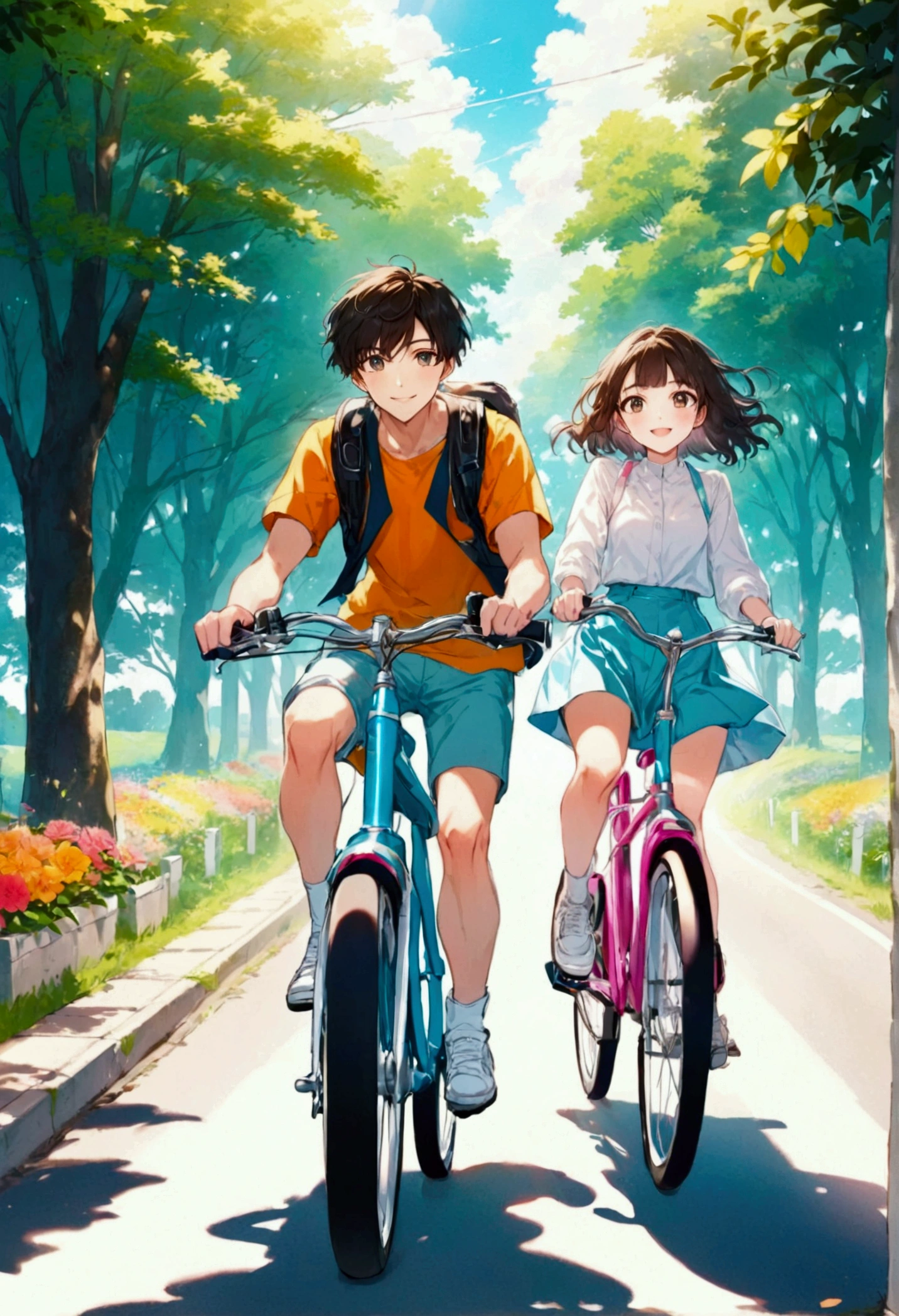 Thin contours、Anime Style、Cool and edgy、 Young couple cycling along a sunlit country road、Blooming Flowers々and surrounded by lush greenery、A happy face shining。bright、Bright colors、Movie angle、High detail、Nostalgic、Fashionable、Pause、colorful、With confidence、Performance、accessories、Coil、Surroundings、stylish、impressive、modern、fashion