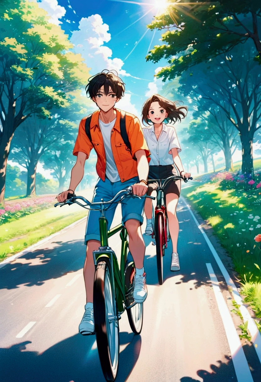 Thin contours、Anime Style、Cool and edgy、 Young couple cycling along a sunlit country road、Blooming Flowers々and surrounded by lush greenery、A happy face shining。bright、Bright colors、Movie angle、High detail、Nostalgic、Fashionable、Pause、colorful、With confidence、Performance、accessories、Coil、Surroundings、stylish、impressive、modern、fashion