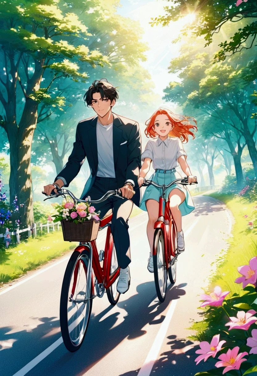 Thin contours、Anime Style、Cool and edgy、 Young couple cycling along a sunlit country road、Blooming Flowers々and surrounded by lush greenery、A happy face shining。bright、Bright colors、Movie angle、High detail、Nostalgic、Fashionable、Pause、colorful、With confidence、Performance、accessories、Coil、Surroundings、stylish、impressive、modern、fashion