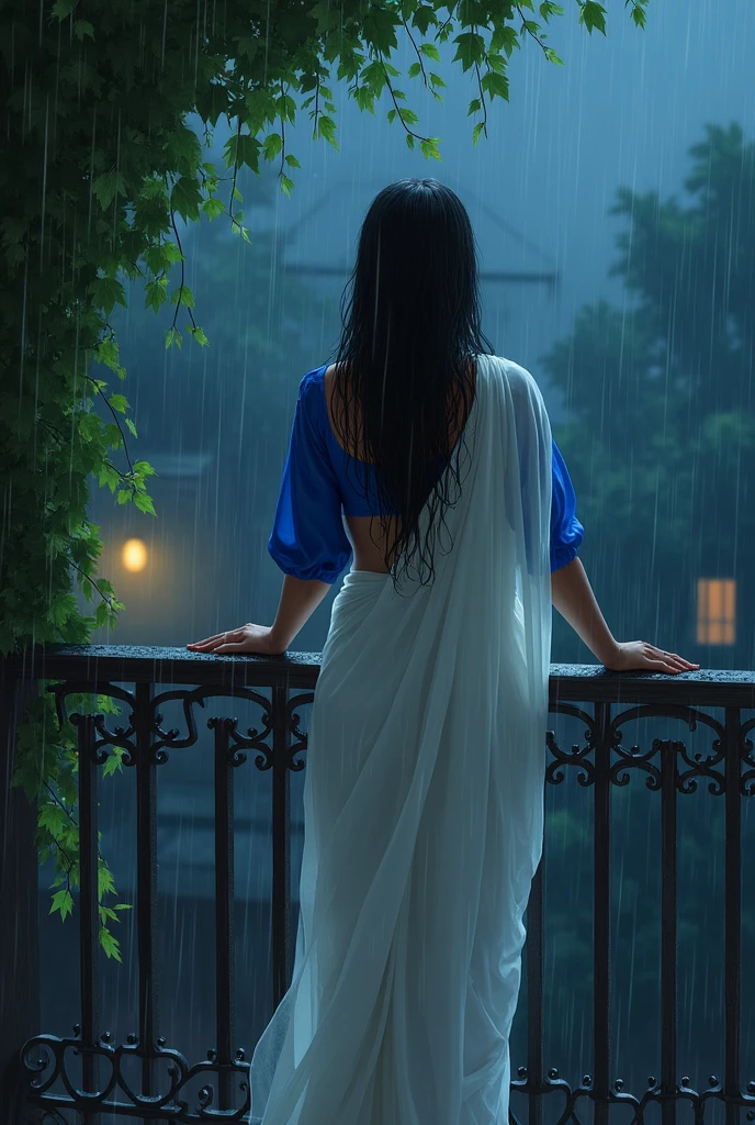 
**"Create a digital painting of a serene scene where a woman stands on a balcony in the rain. She is dressed in a traditional white saree with a blue blouse, and her long black hair is wet from the rain. The balcony has ornate wrought-iron railings, and behind her, strings of leaves hang, slightly wet from the downpour. A dim light glows softly in the background, adding to the melancholic yet peaceful atmosphere of the night. The overall color palette is muted and dark, with emphasis on the contrast between the woman's white saree and the dark rainy night."**

