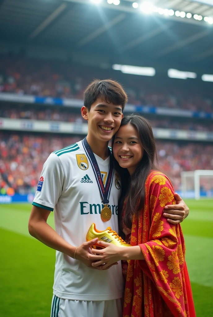 A young man in real Madrid jersey wearing 7 and name as Samdrup at back of shirt...the men being hugged by a beautiful girl wearing kira at stadium where men holding golden boot and medal at neck