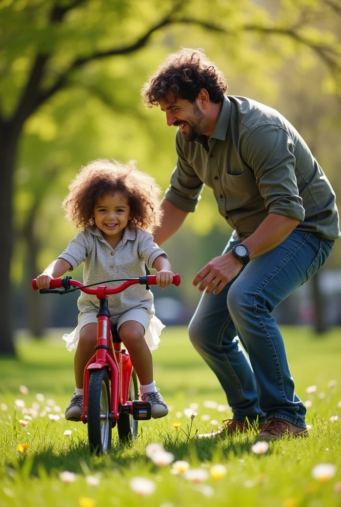 Angry dad teaching his curly-haired daughter how to ride a bike 