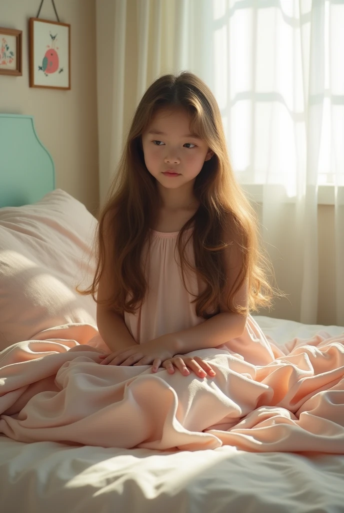 A girl without cloth sitting on bed touching , realistic