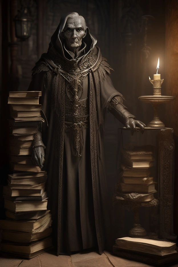 Create a highly detailed 3D Pixar-style character of a mysterious guardian of secrets. The character is of indeterminate age, with timeless, enigmatic features. They are dressed in a dark, elegant coat, with piercing eyes that seem to see into the soul. They hold an ancient book or a key, symbolizing the secrets they protect. The setting is a dimly lit room filled with old books, candles, and mystical artifacts. The overall atmosphere should be mysterious and captivating, drawing viewers in with a sense of intrigue and anticipation.