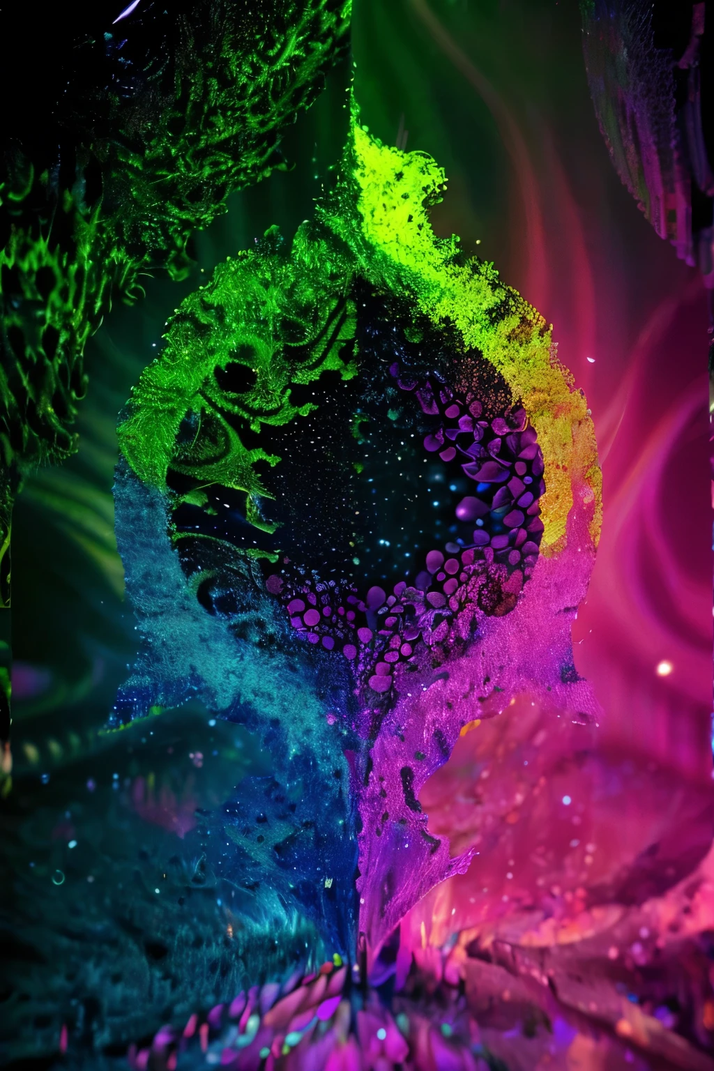 abstract art, digital art, surreal, psychedelic, trippy, vibrant colors, neon colors, glitch art, 3D render, procedural generation, generative art, AI art, algorithmic art, digital painting, abstract patterns, fractal, psychedelic shapes, fluid shapes, dreamlike, hypnotic, mesmerizing, (best quality, 8k, highres, masterpiece:1.2), ultra-detailed, (realistic, photorealistic, photo-realistic:1.37), cinematic lighting, volumetric lighting, chiaroscuro, strong shadows, moody lighting, dramatic lighting