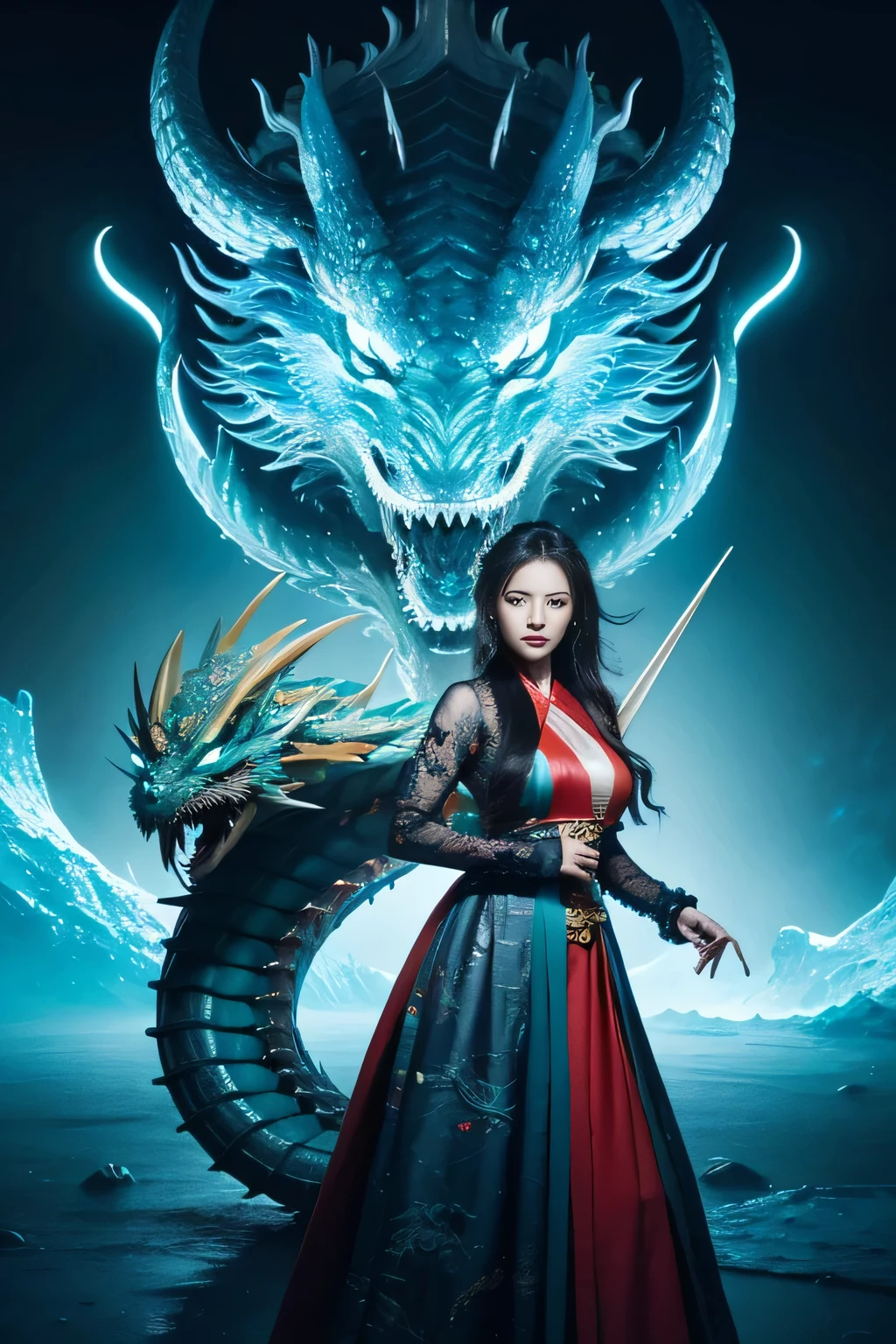 *8k Masterpiece, Top Quality, Best Quality, Official Art, (Beauty and Aesthetics: 1.3), Extremely Detailed, (Fractal Art: 1.3), Colorful, Ice and Chinese Dragon, Serpentine Body, Claw, Cyan and 1 Woman, Han Woman's Media, Hanfu, Cyan