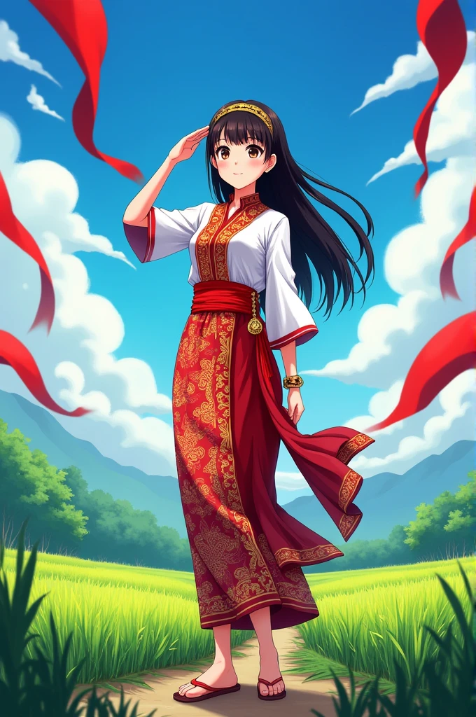anime girl pose salute, indonesia independence