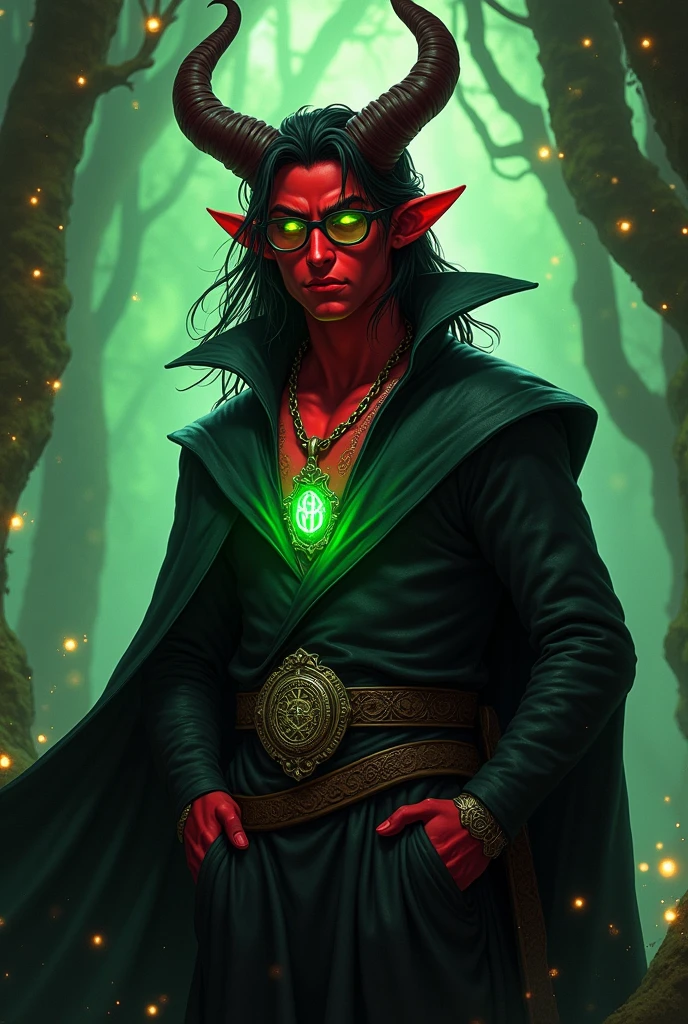 Design a (((young-looking male tiefling RPG game character with RED skin who is a conceptual d&d wizard))),
He has long dark hair, a broken horn, yellow eyes and wears professorial glasses, he is also dressed in elegant black soul-shaped clothes and an adorned belt made up of a black grimoire. The tiefling's accessories include a green necklace with necrotic energy, tied tightly around the waist, it exudes an aura of necrotic energy.