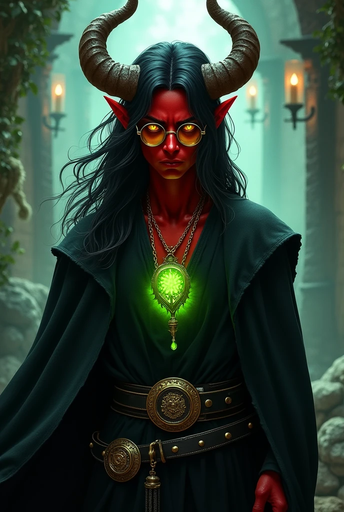 Design a (((young-looking male tiefling RPG game character with RED skin who is a conceptual d&d wizard))),
He has long dark hair, a broken horn, yellow eyes and wears professorial glasses, he is also dressed in elegant black soul-shaped clothes and an adorned belt made up of a black grimoire. The tiefling's accessories include a green necklace with necrotic energy, tied tightly around the waist, it exudes an aura of necrotic energy.