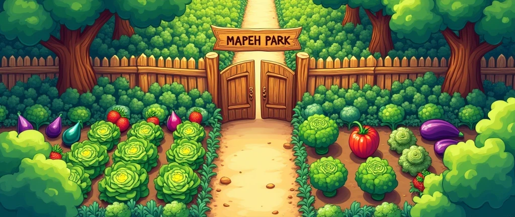 “top-down view of vegetable garden,”, “with a simple gate that says MAPEH PARK” “fences around the garden,” “trees at the back of the garden.” “kids illustration, “top view”, “top view” (🥬🍆🥦) “show the wholeness of the vegetable garden” “top view of the vegetable garden” “Top 🔝 view 🗾”