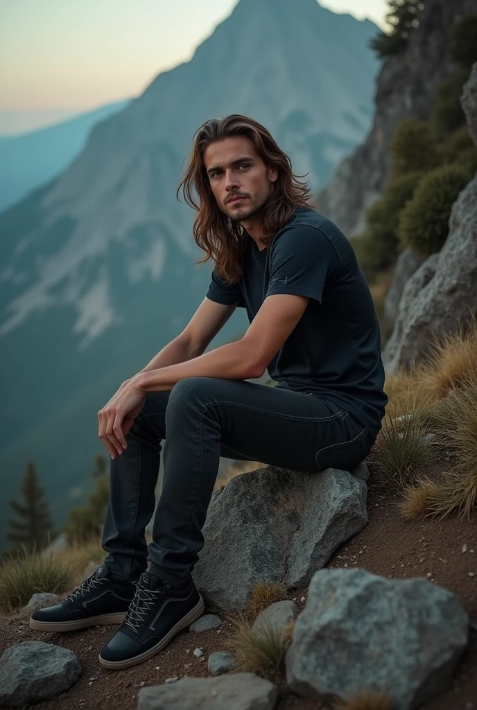 (photorealism:1.2), pschyo byp, sitting on hil of moutain, wearing hiphop cousttoum tshirt ,jeance pants, long hair, outdoor, darklighting, nature in background, relaxed pose, realistic, intricate details, warm colors
