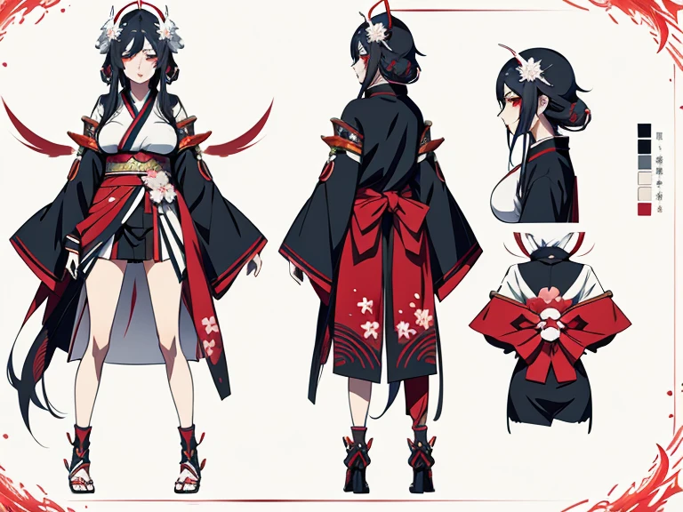 a character sheet image of a female character A beautiful anime girl, Kuchiki Rukia, enormous breasts, , camel toe, body-hugging kimono, beautiful detailed eyes, beautiful detailed lips, extremely detailed face and eyes, long eyelashes, holding katana, ice katana, snowy Japanese temple, sakura flowers, snow, winter landscape, intricate details, cinematic lighting, ethereal atmosphere, fantasy, manga style, vibrant colors, white and red color theme , ( ( concept character art ) ), trending on artstation pixiv, official character art, de arknights, anime character design