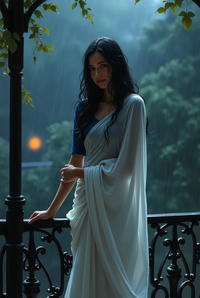 **"Create a digital painting of a serene scene where a woman stands on a balcony in the rain. She is dressed in a traditional white saree with a blue blouse, and her long black hair is wet from the rain. The balcony has ornate wrought-iron railings, and behind her, strings of leaves hang, slightly wet from the downpour. A dim light glows softly in the background, adding to the melancholic yet peaceful atmosphere of the night. The overall color palette is muted and dark, with emphasis on the contrast between the woman's white saree and the dark rainy night."**