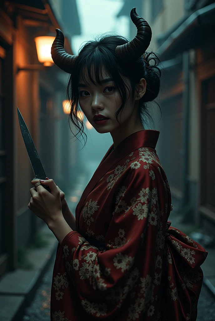 Draw a human face with fangs, wearing a kimono. Half of their face is that of a detective, so they have horns and are holding a knife.
