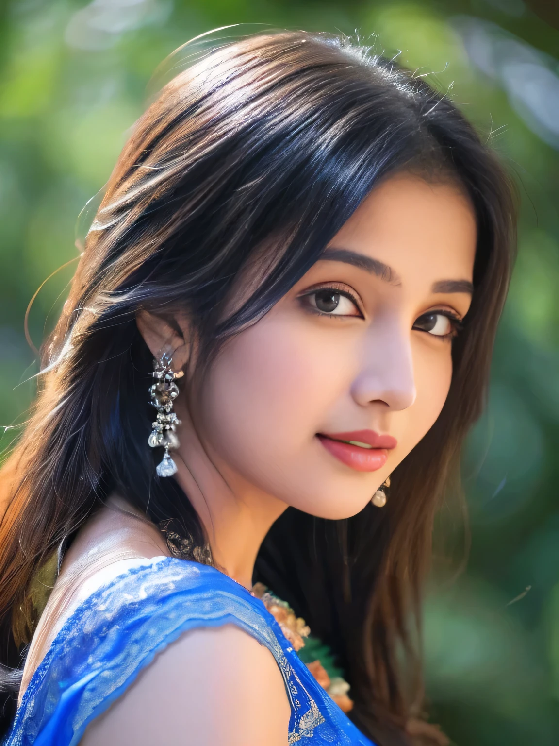 8K, ultra high detailed, an indian girl, cute face, happy, long hair, impressive hairstyle, detailed eyes, detailed lips, indian clothes, saree, blue saree, lace, wearing jewellery, nature background, flowers, morning, shadow, clear weather, whole body capture,