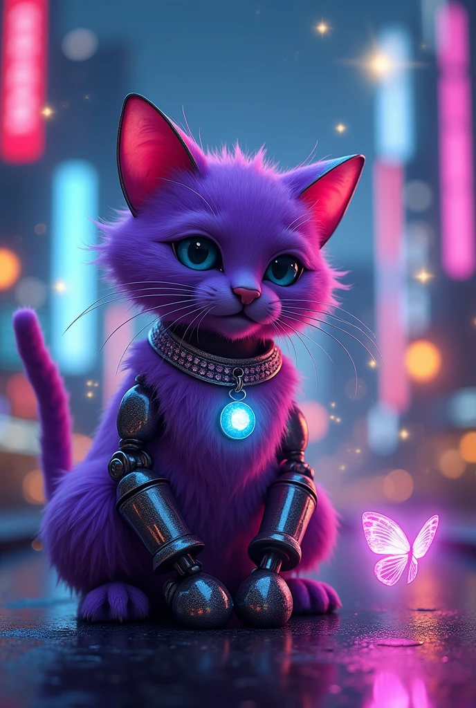 A purple cat robot wearing a moon necklace