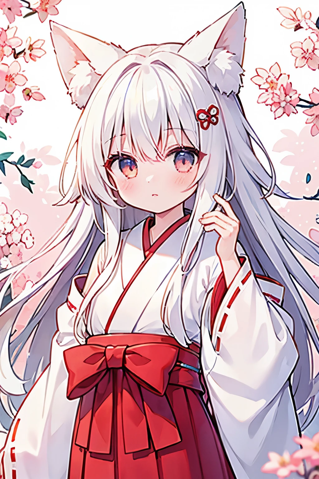 (Highest quality:1.2)。one person's。Small cute。White long hair。White fox ears。White fox tail。Priestess of the Japan Clothes。White kimono。Scarlet Hakama。See who's watching。((Looking out from behind a large cedar tree))。The background is a mystical cedar forest with a spiritual atmosphere.。
