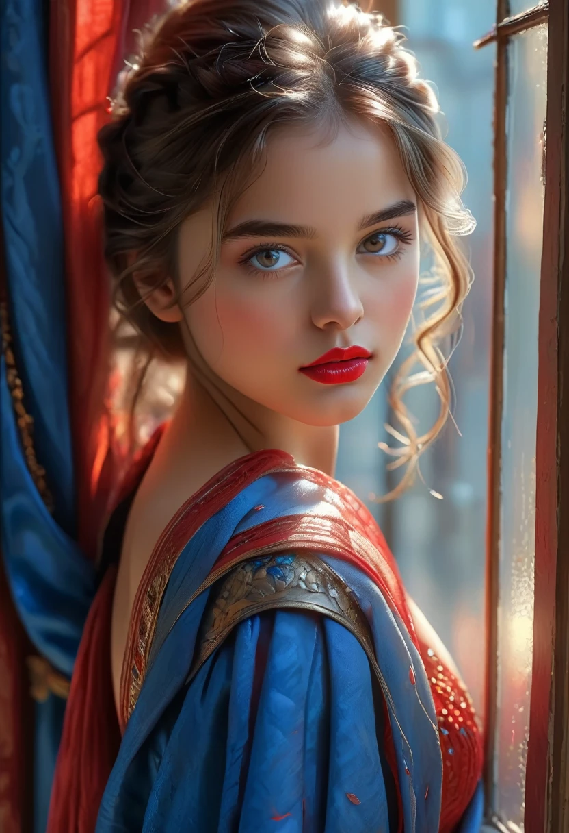 (Best Quality, 4K, 8K, High Resolution, Masterpiece: 1.2), (Super Detailed, Realistic, Photorealistic:1.37)A captivating young girl, donning a striking ensemble of red and blue, stands before a window with an air of toughness and determination. Her enchanting eyes are exquisitely detailed, capturing every glimmer and depth, while her lips boast a meticulous beauty that is both captivating and alluring. The level of detail extends to her entire face, each contour and feature meticulously rendered to perfection, creating a sense of hyper-realism that draws the viewer in. 

