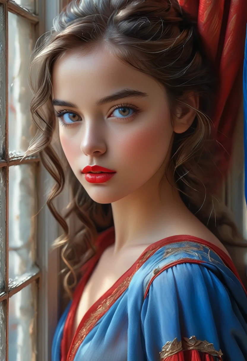 (Best Quality, 4K, 8K, High Resolution, Masterpiece: 1.2), (Super Detailed, Realistic, Photorealistic:1.37)A captivating young girl, donning a striking ensemble of red and blue, stands before a window with an air of toughness and determination. Her enchanting eyes are exquisitely detailed, capturing every glimmer and depth, while her lips boast a meticulous beauty that is both captivating and alluring. The level of detail extends to her entire face, each contour and feature meticulously rendered to perfection, creating a sense of hyper-realism that draws the viewer in. 

