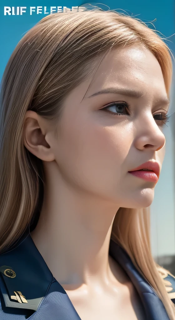 realistic,polite dress,(Fighter Action War Movie Poster),(foundation film reference: 1.8),realistic,Air Force general uniform,(realistic face resolution),movie pose,adult,skinny,big,one long-haired dark blonde woman,serious face,SF,SF,Various support characters