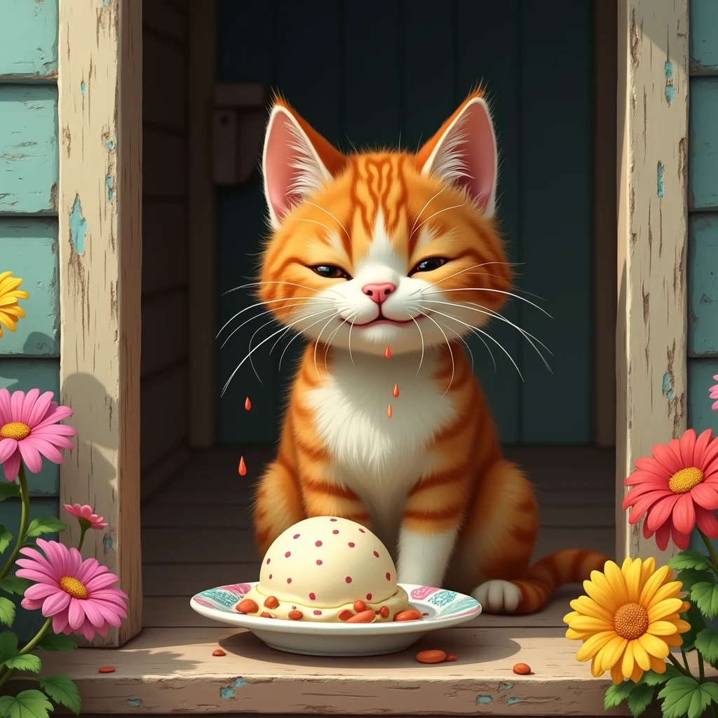 A ginger teenage cat with white and green spots , Two drops of white ice cream hang on the cat's whiskers, A cat sits on the porch of a rural house, A painted saucer stands on the floor in front of the cat., A white ice cream melts in a saucer, The sun is shining outside, There are flowers growing near the porch