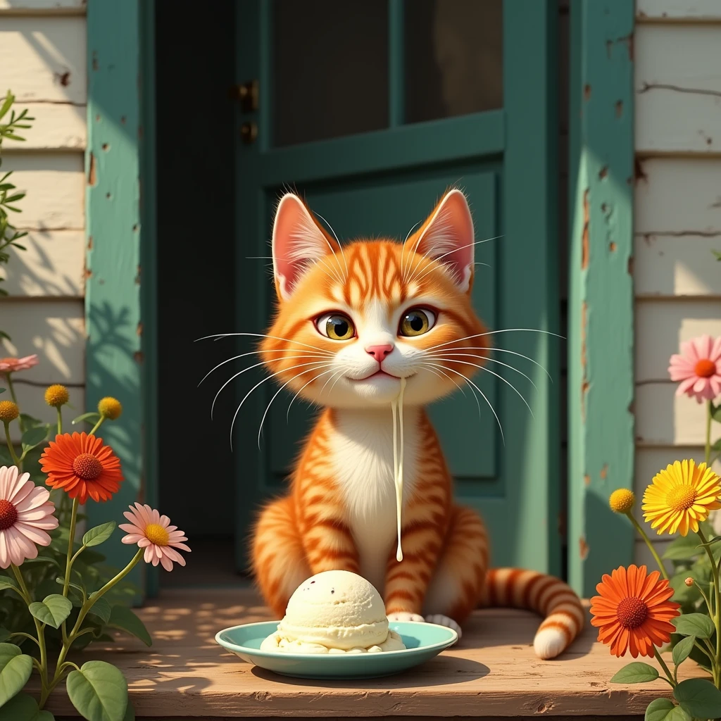 A ginger age cat with white and green spots , Two drops of white ice cream hang on the cat's whiskers, A cat sits on the porch of a rural house, A painted saucer stands on the floor in front of the cat., A white ice cream melts in a saucer, The sun is shining outside, There are flowers growing near the porch