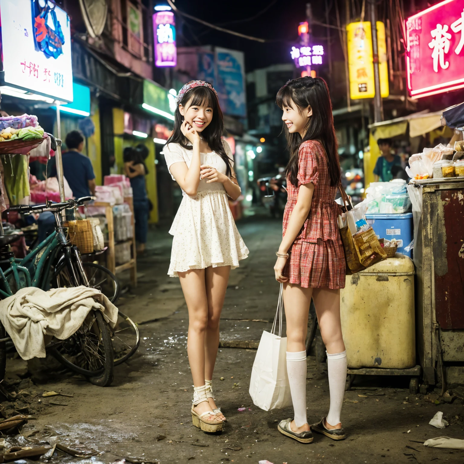 ((masterpiece、Highest quality))、Beautiful girls gather.、Girl in summer clothes、(Poor conditions、Dim and unsanitary、Crumbling underground shopping mall)、非常stage、みんなで楽しくdiet、屋台のdiet店、(Detailed and cute face:1.3)、stage、sewage、Dirty shop、street vendors、Unsanitary and abandoned city、smile、diet、Poor person々