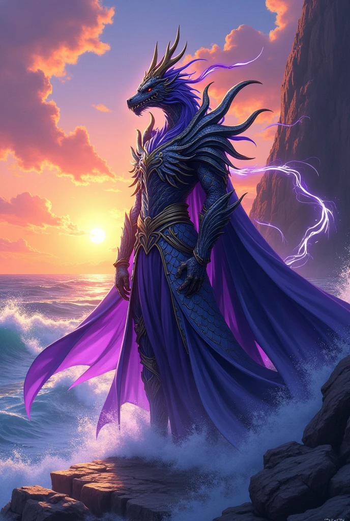 Create an image in 2D Breakdomain anime style in the style of a 2D animation of One Piece The armor is a perfect fusion of light and darkness, representing the balance between the power of the Divine White Dragon and the Divine Black Dragon. The right side of the armor is pure, radiant white, reflecting a celestial light that seems to radiate the essence of purity and justice. This side is adorned with silver-blue details, with scales that resemble those of a dragon, symbolizing the Divine White Dragon. The left side of the armor is completely black, absorbing all the light around it, with a purple glow emanating from the depths of darkness, representing the power of the Divine Black Dragon. This side is decorated with deep purple details, with scales that seem to be alive, moving subtly, as if darkness itself were pulsing through them. - Helmet: The helmet completely covers the face, with a visor shaped like dragon eyes, a bright blue eye on the right side and a piercing purple eye on the left. A white horn rises from the right side of the helmet, while a black, sinuous horn projects from the left side. - Breastplate:The breastplate of the armor is divided into two parts, with the right side exhaling a divine energy of protection and the left side an aura of destruction. The symbol of a white dragon is engraved on the right side, while the symbol of a black dragon is on the left side. At the center, where the two sides meet, there is a crystal that changes color between blue and purple, . - Lower Armor: The lower part of the armor is a combination of white and black plates that fit together perfectly, allowing maximum agility without sacrificing defense. The greaves are adorned with ancient runes, that shine with a divine and evil light simultaneously. - Cloak: A cloak flows from the back of the armor, half of it white with gold edges, and the other half black with silver edges. The cloak seems to float in a